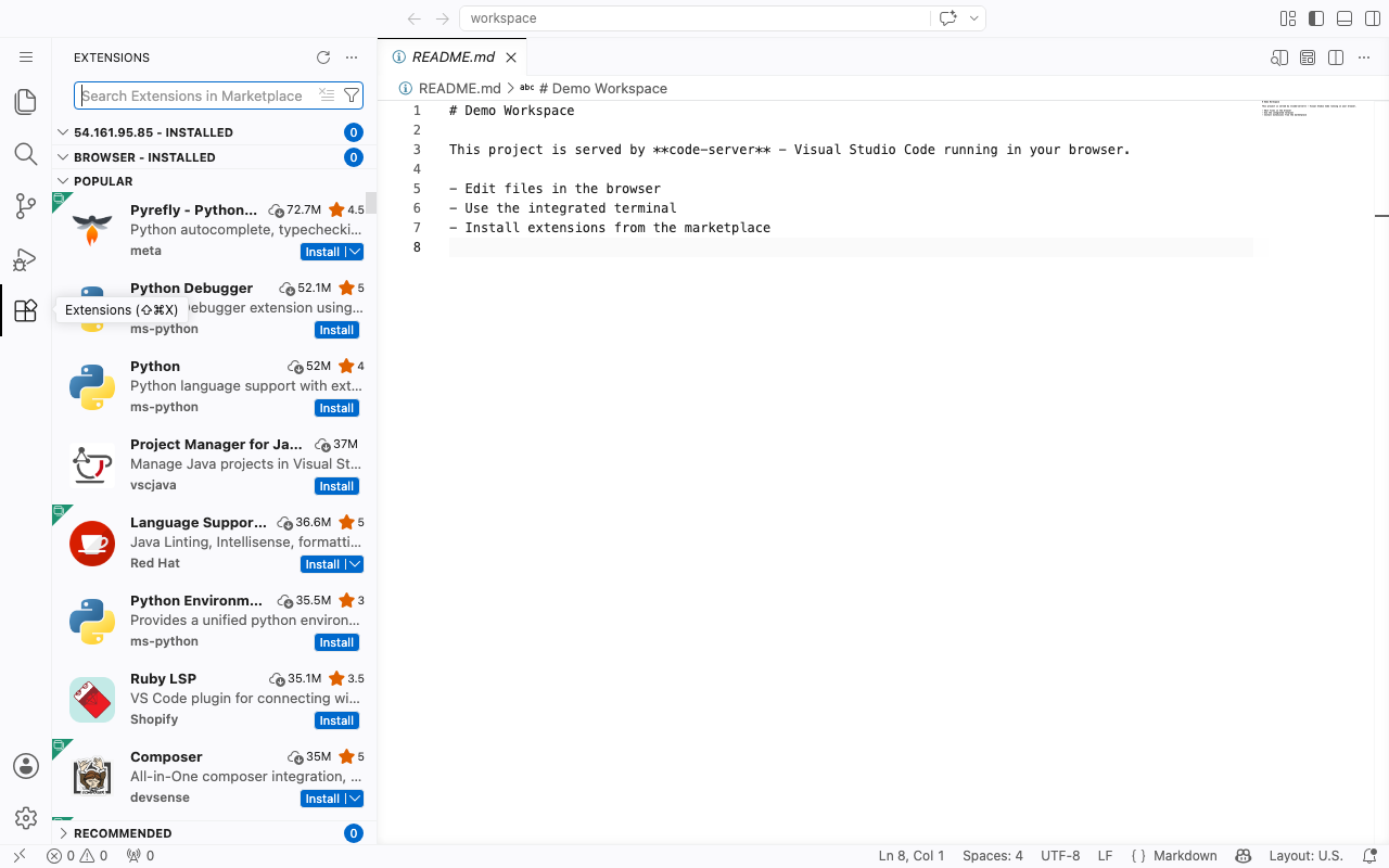 code-server extensions marketplace