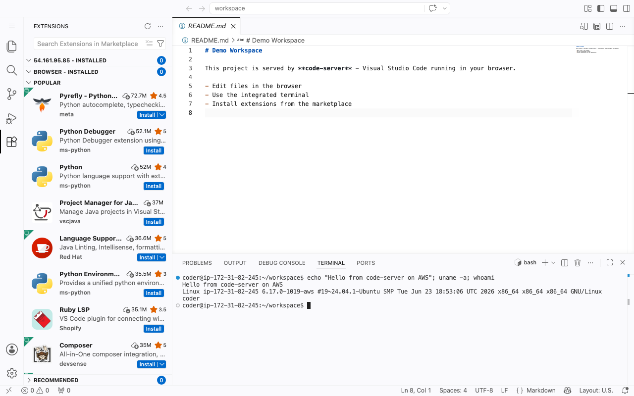 code-server integrated terminal