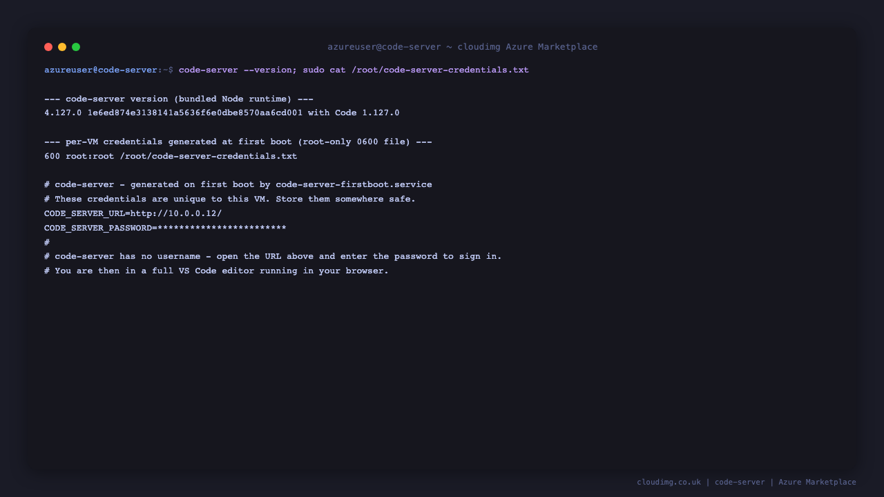 The code-server version and the per-VM credentials file with the generated password and URL