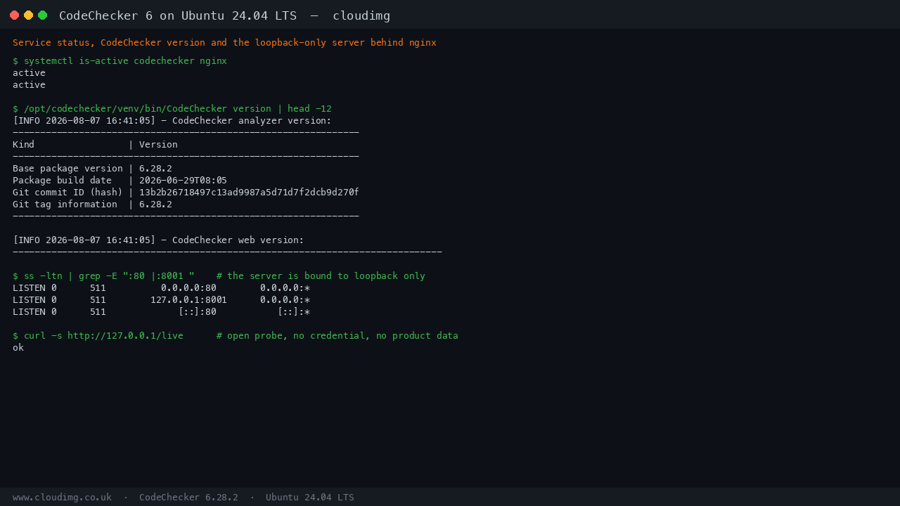 Service status, CodeChecker version and the loopback-only server behind nginx