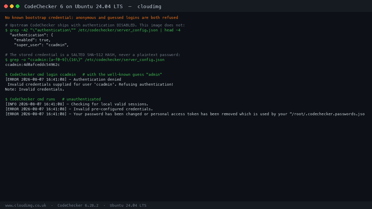 No known bootstrap credential: anonymous and guessed logins are both refused