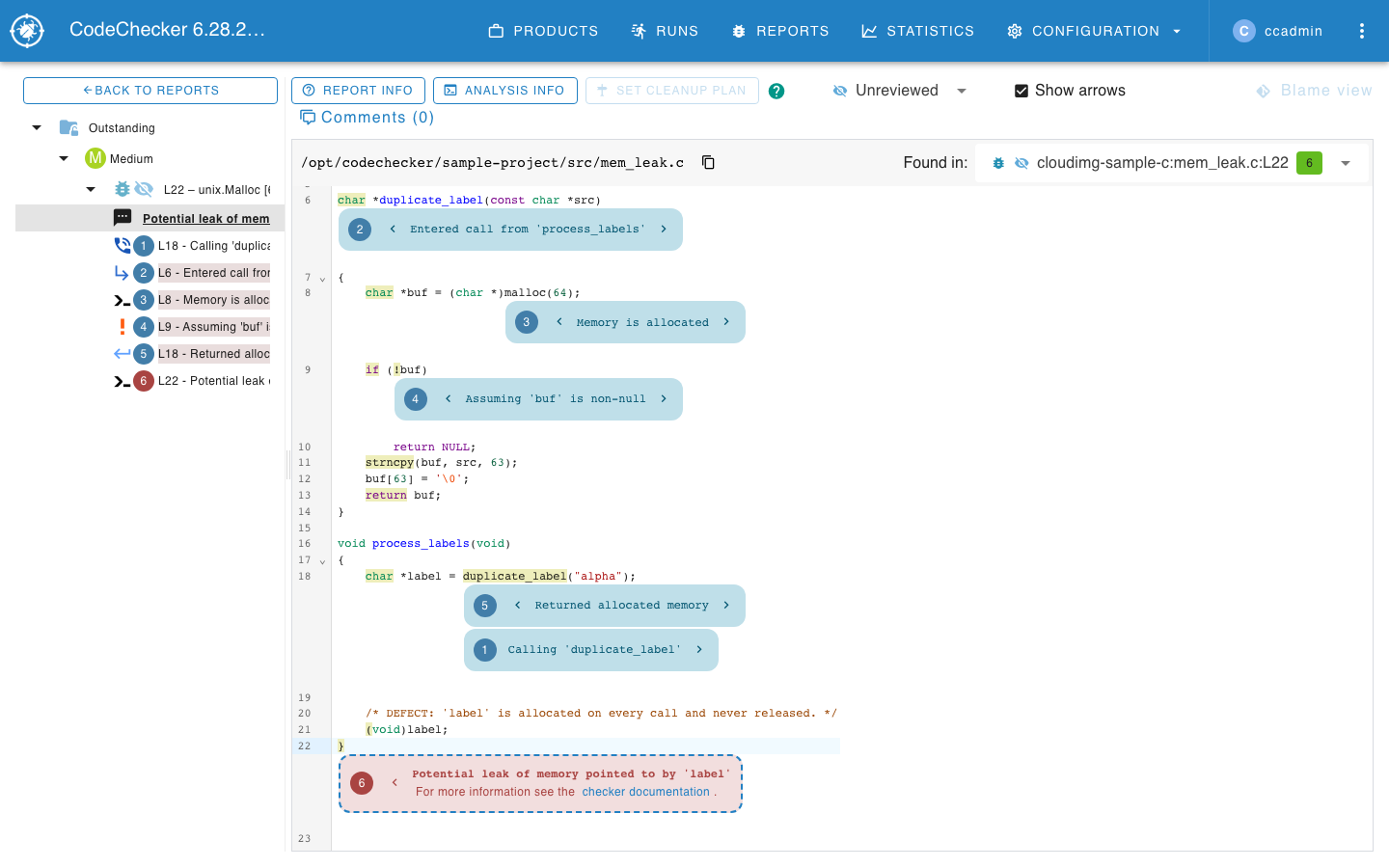 A report detail view showing the source and the full bug path