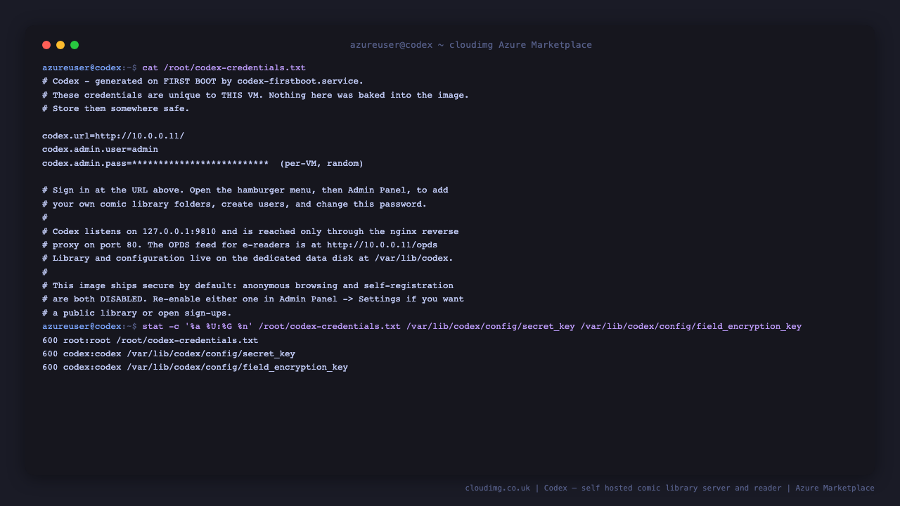 The per VM credentials file with the administrator password masked, and the credentials file, Django secret key and field encryption key all reported at mode 600 owned by root or the codex service account