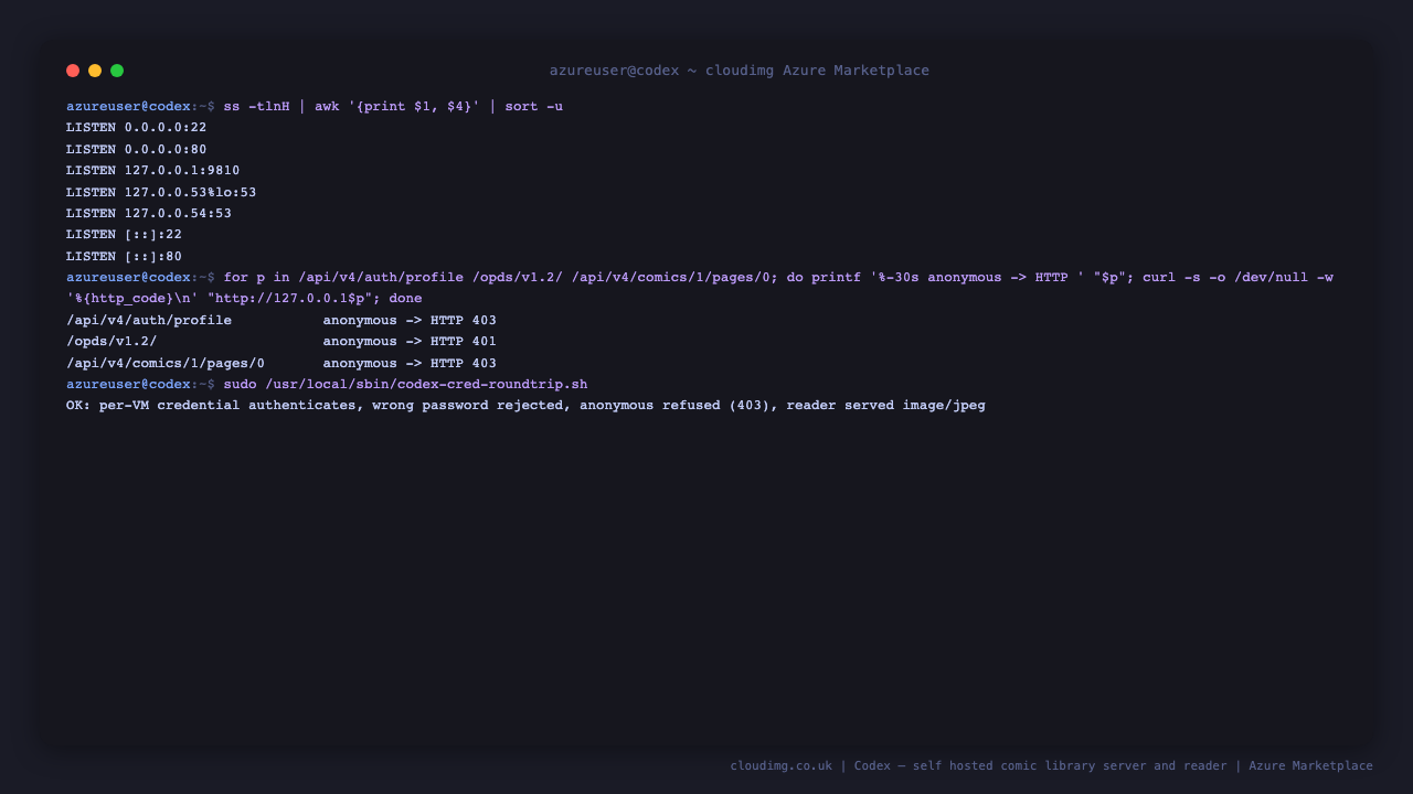 Only ports 22 and 80 reachable from the network with Codex bound to 127.0.0.1 port 9810, every anonymous API and OPDS request refused with 401 or 403, and the credential probe confirming the per VM password authenticates and the reader serves a real page image