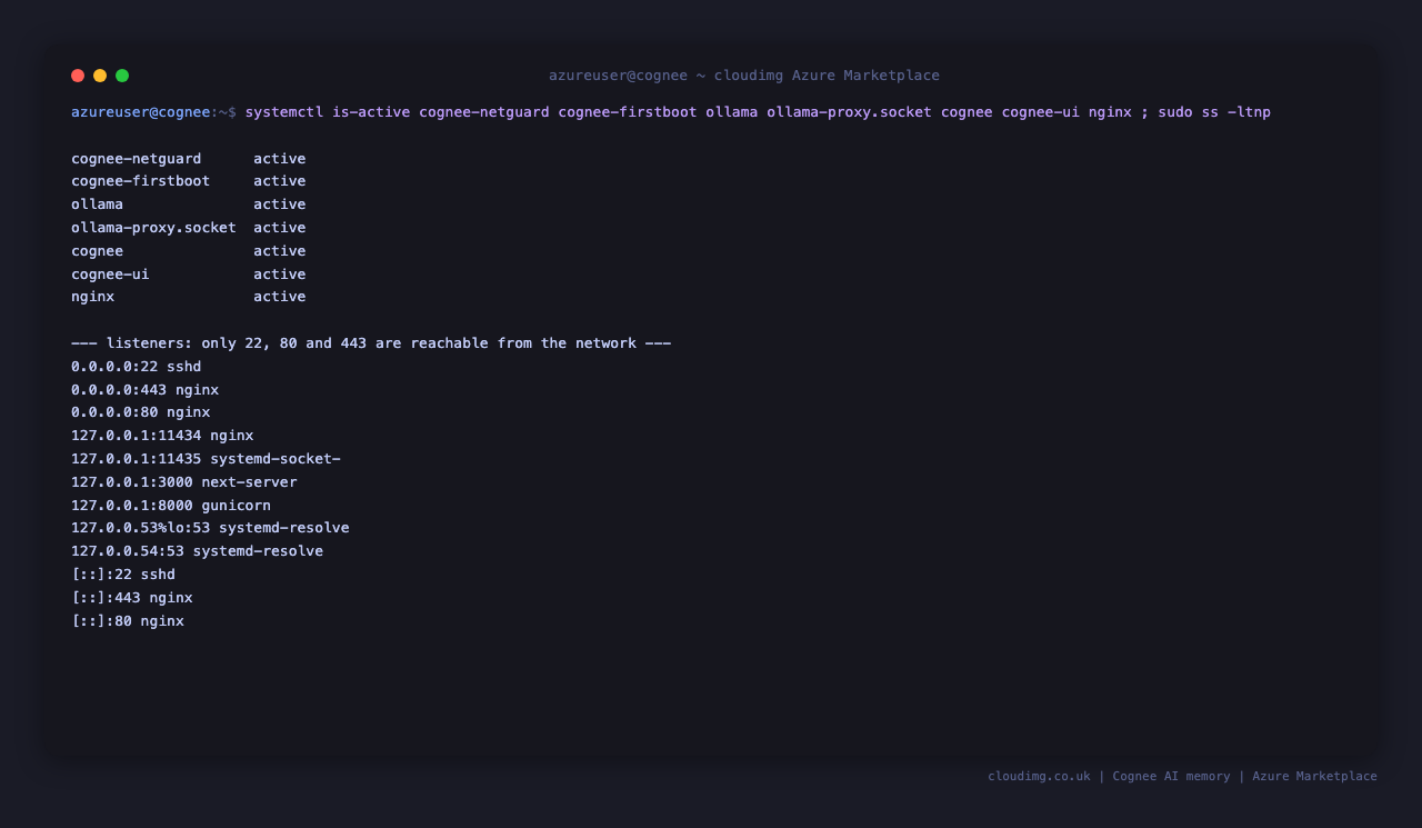 All seven units active, and only ports 22, 80 and 443 reachable from the network
