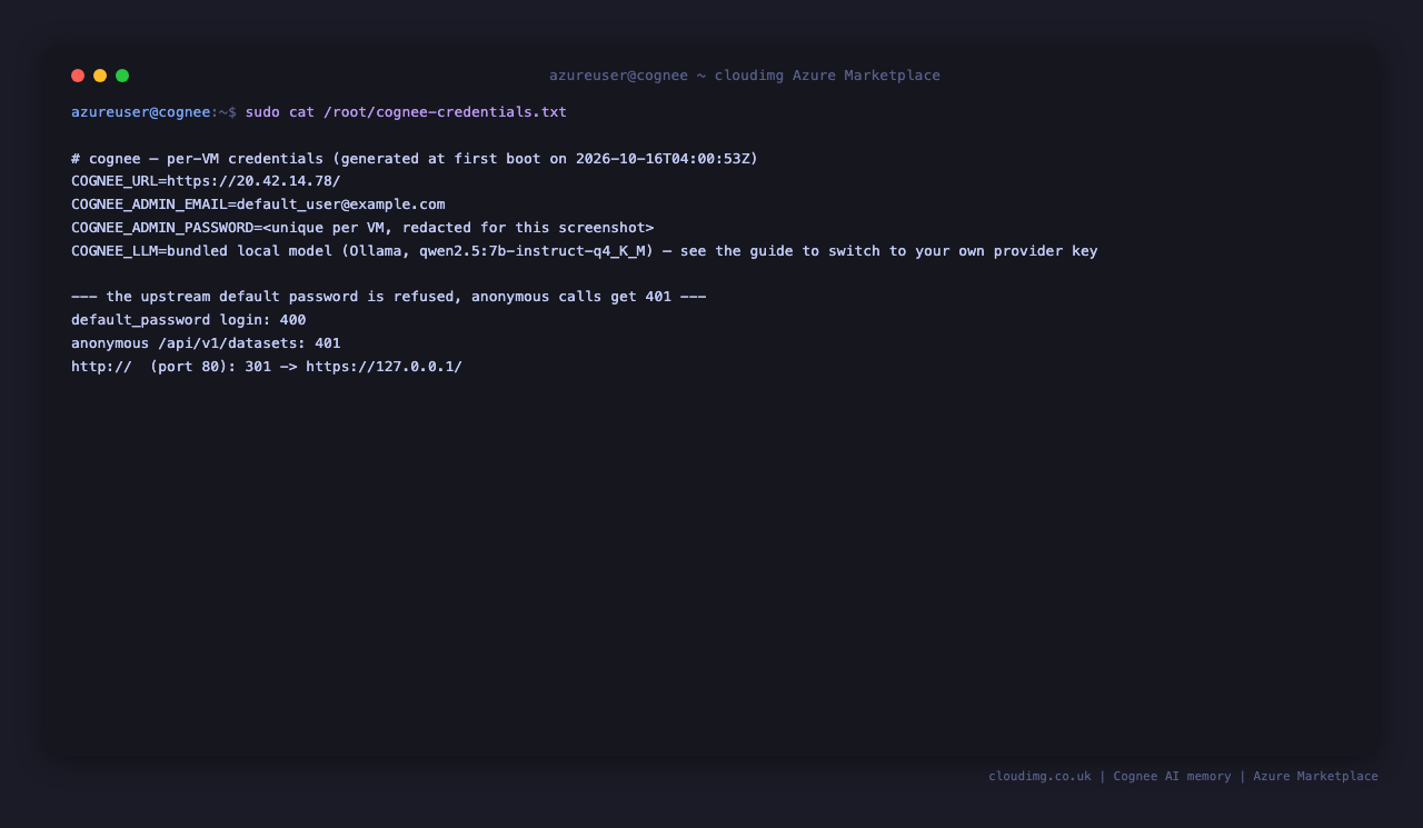 The per VM credentials file (password redacted here) with the default password and an anonymous call both refused