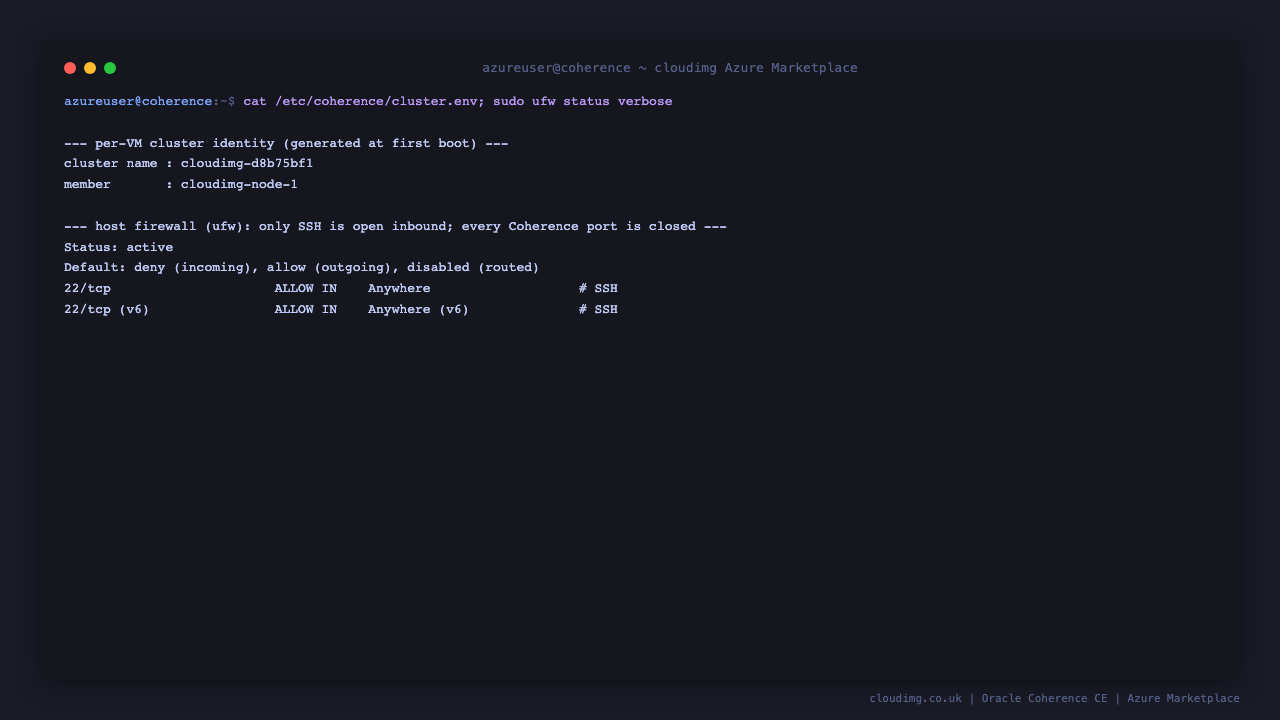 Oracle Coherence CE per-VM cluster identity and the ufw host firewall allowing only SSH inbound
