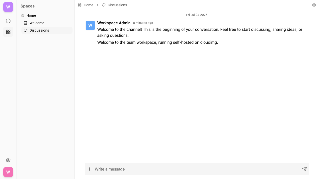 A Colanode Discussions channel with a posted message, showing real-time team chat