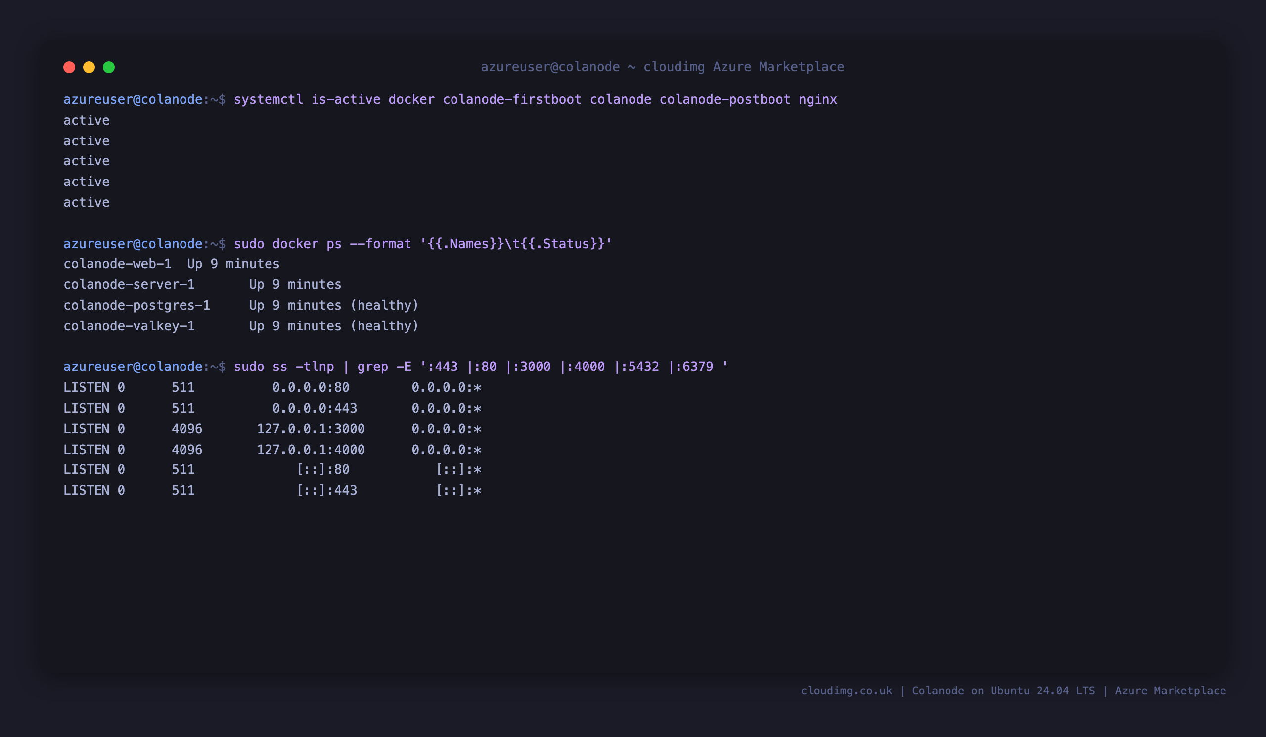 The docker, colanode-firstboot, colanode, colanode-postboot and nginx services all active, the four compose containers (server, web client, PostgreSQL and Valkey) running and healthy, and only ports 80 and 443 public while the server and web client bind to loopback and PostgreSQL and Valkey are on no host port at all