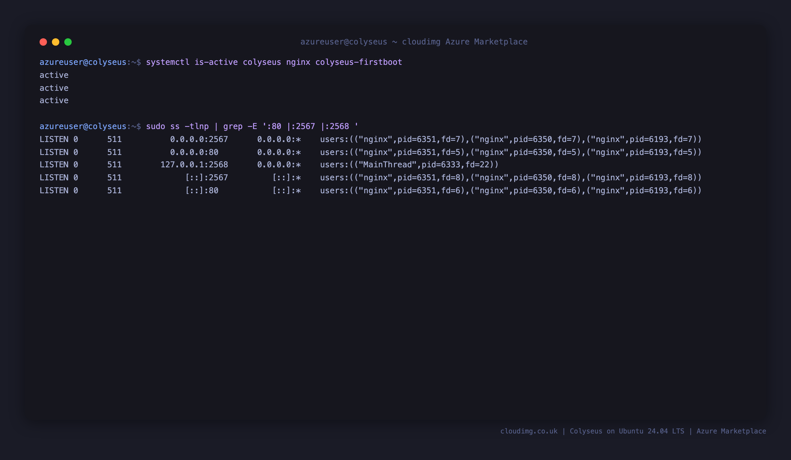 colyseus, nginx and colyseus-firstboot active, with nginx holding the public ports 80 and 2567 while the Colyseus application listens only on loopback 2568