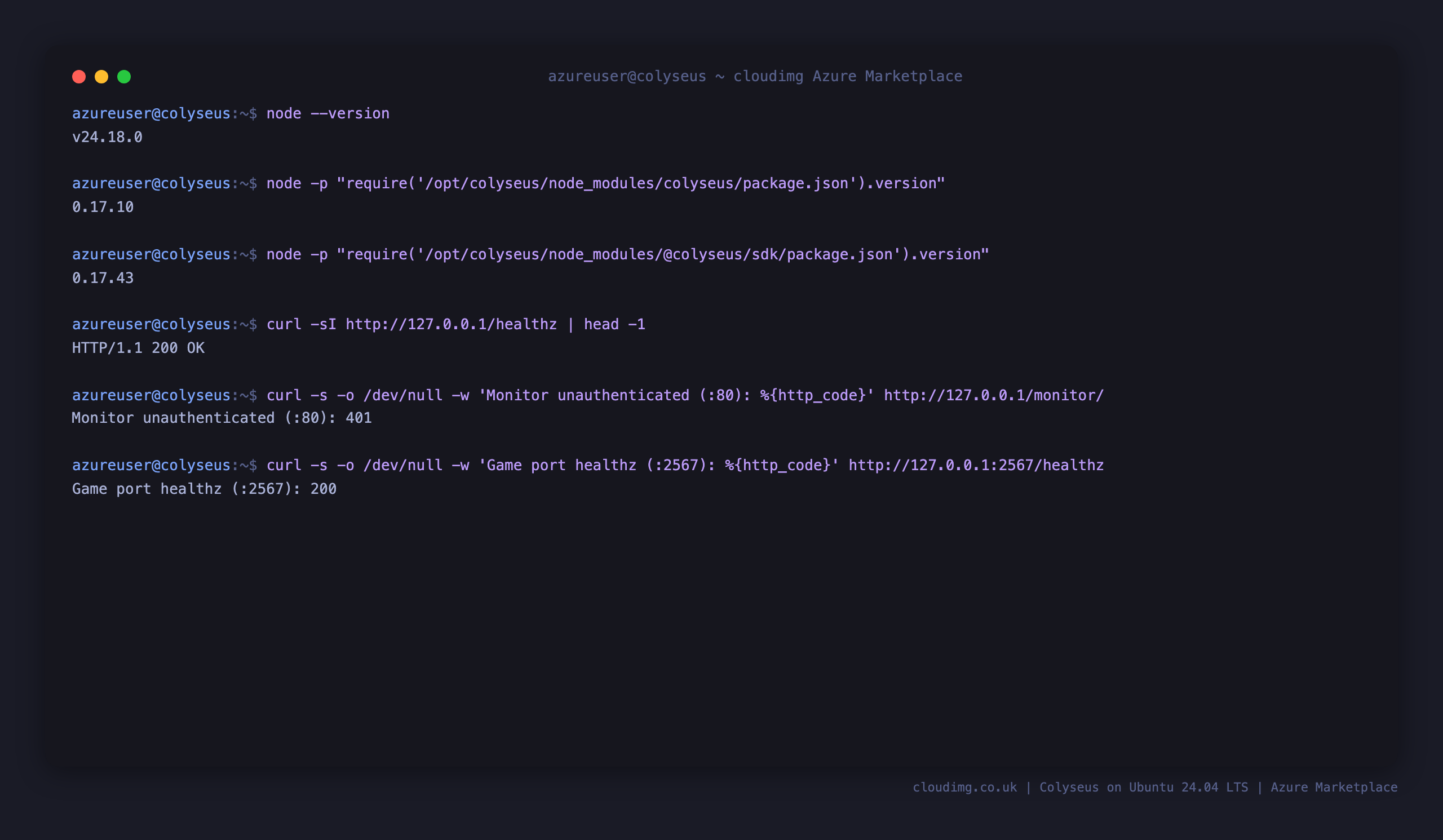 Node 24.18.0, Colyseus 0.17.10 and the 0.17.43 client SDK, the healthz endpoint returning 200 on both ports, and the Monitor returning 401 without a credential