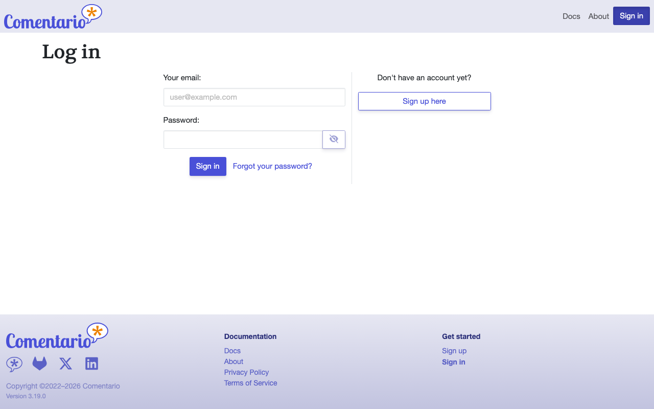The Comentario sign in page with the email and password fields