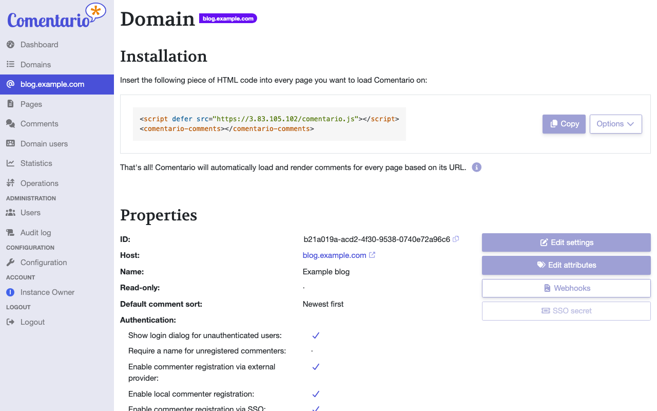 The Comentario domain page with the HTML snippet to embed and the domain's authentication and comment settings