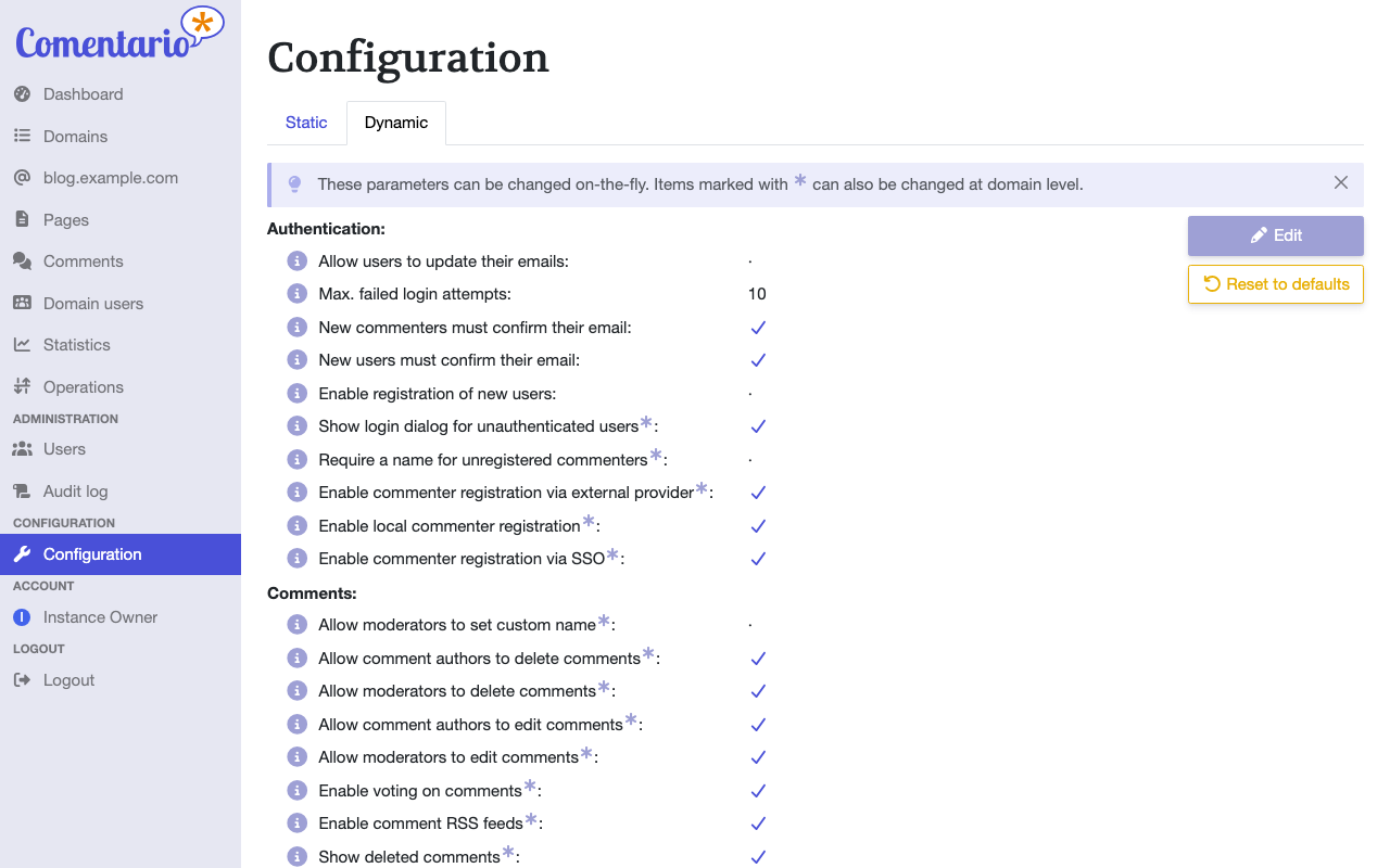 The Comentario dynamic configuration page with Enable registration of new users switched off