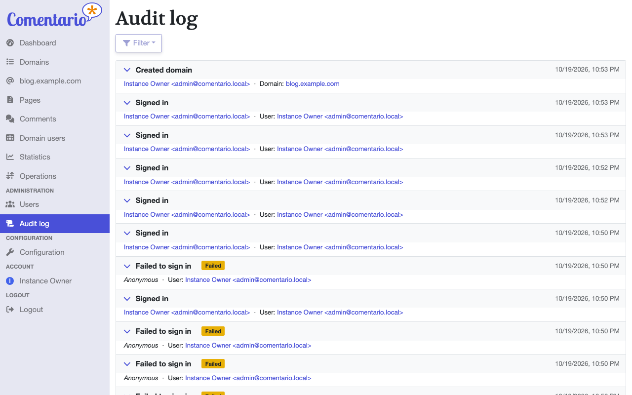 The Comentario audit log listing sign ins, a failed sign in and the creation of a domain
