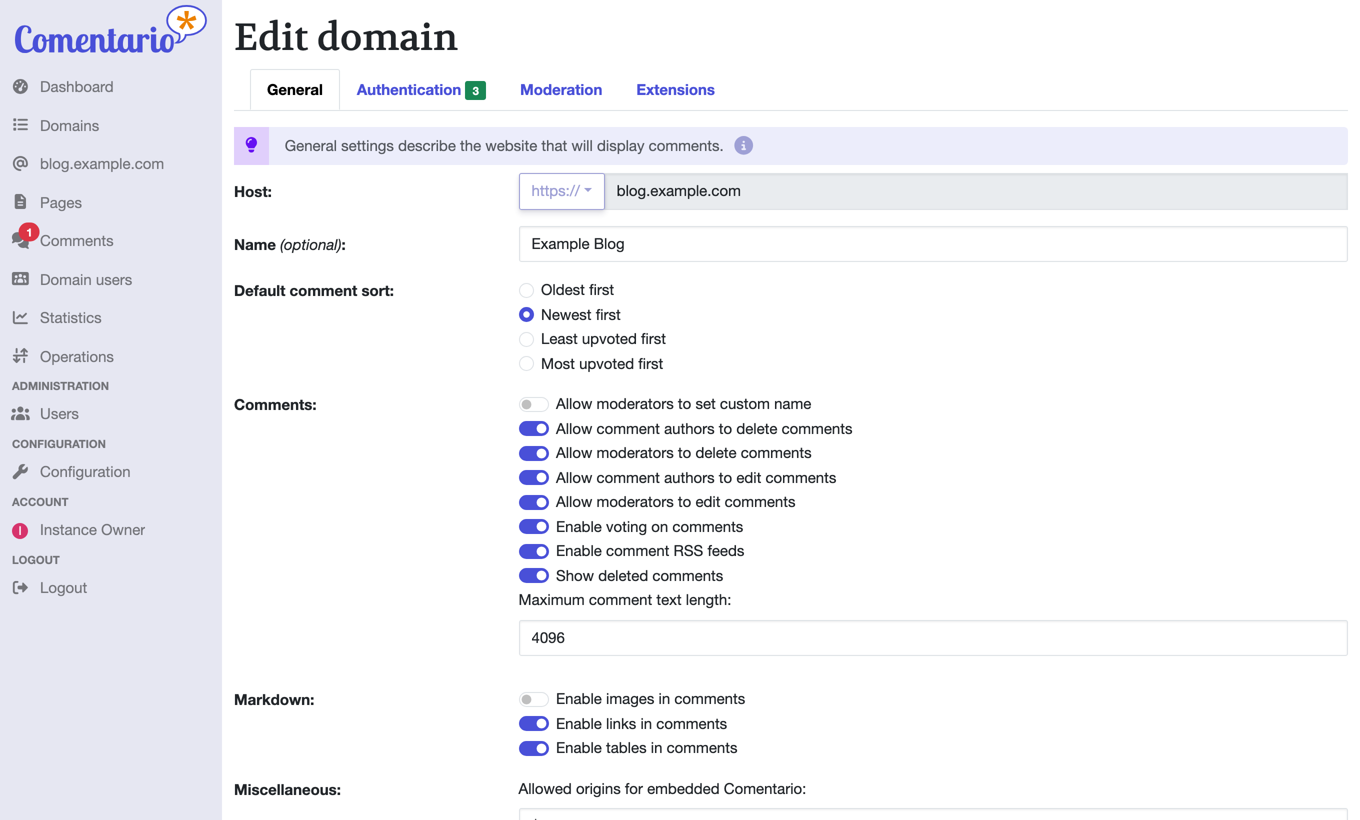 Comentario domain settings