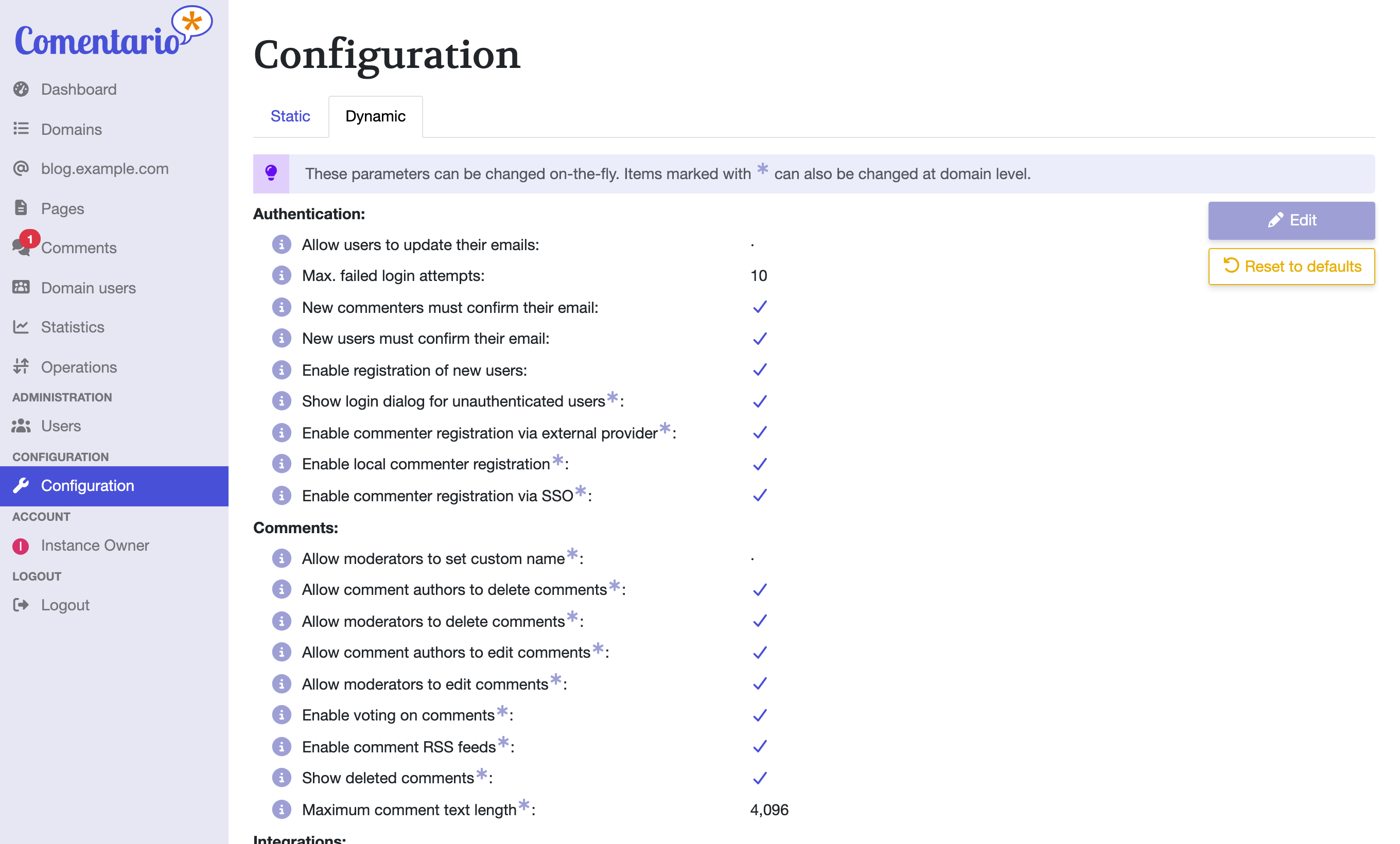 Comentario instance configuration