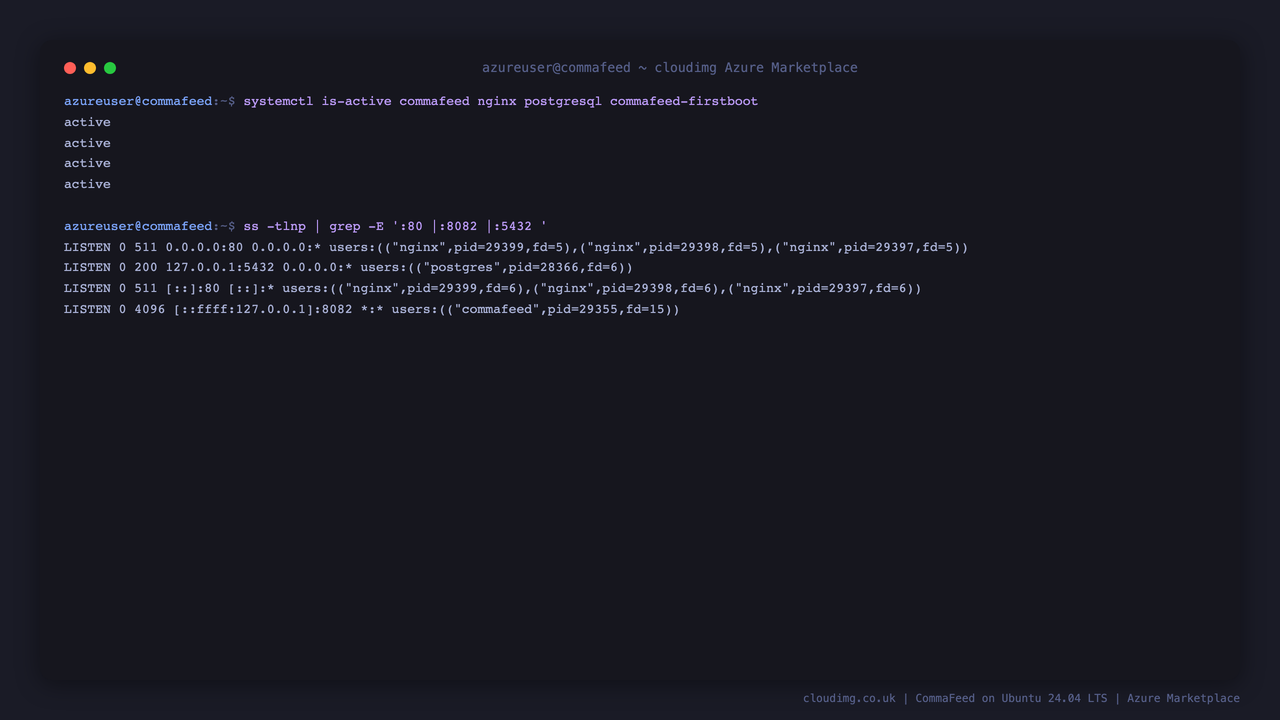 The commafeed, nginx, postgresql and commafeed-firstboot services active, with nginx on port 80 and CommaFeed and PostgreSQL bound to loopback