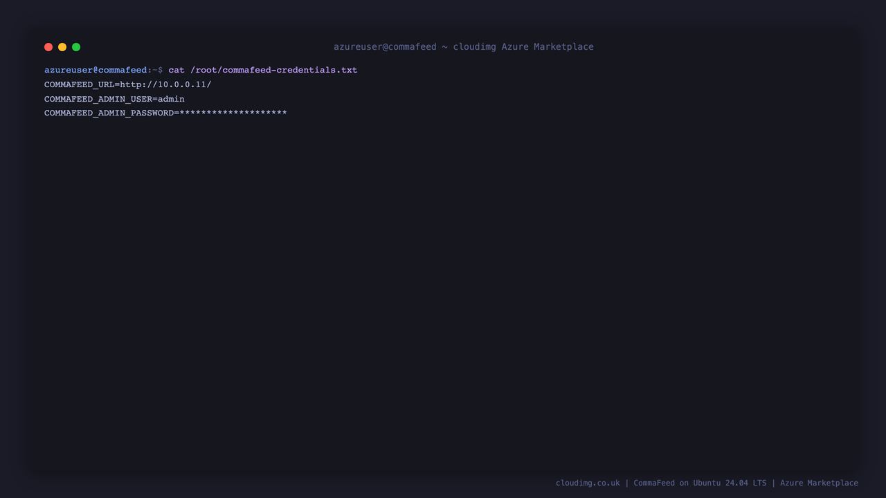 The per VM CommaFeed credentials file, showing the admin login user, the generated password and the reader URL