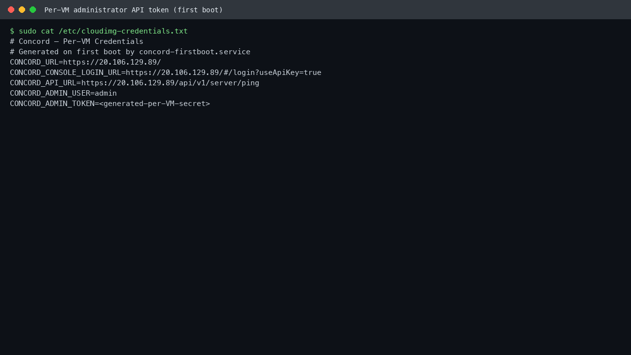 The per-VM credentials file at /etc/cloudimg-credentials.txt with the generated administrator API token