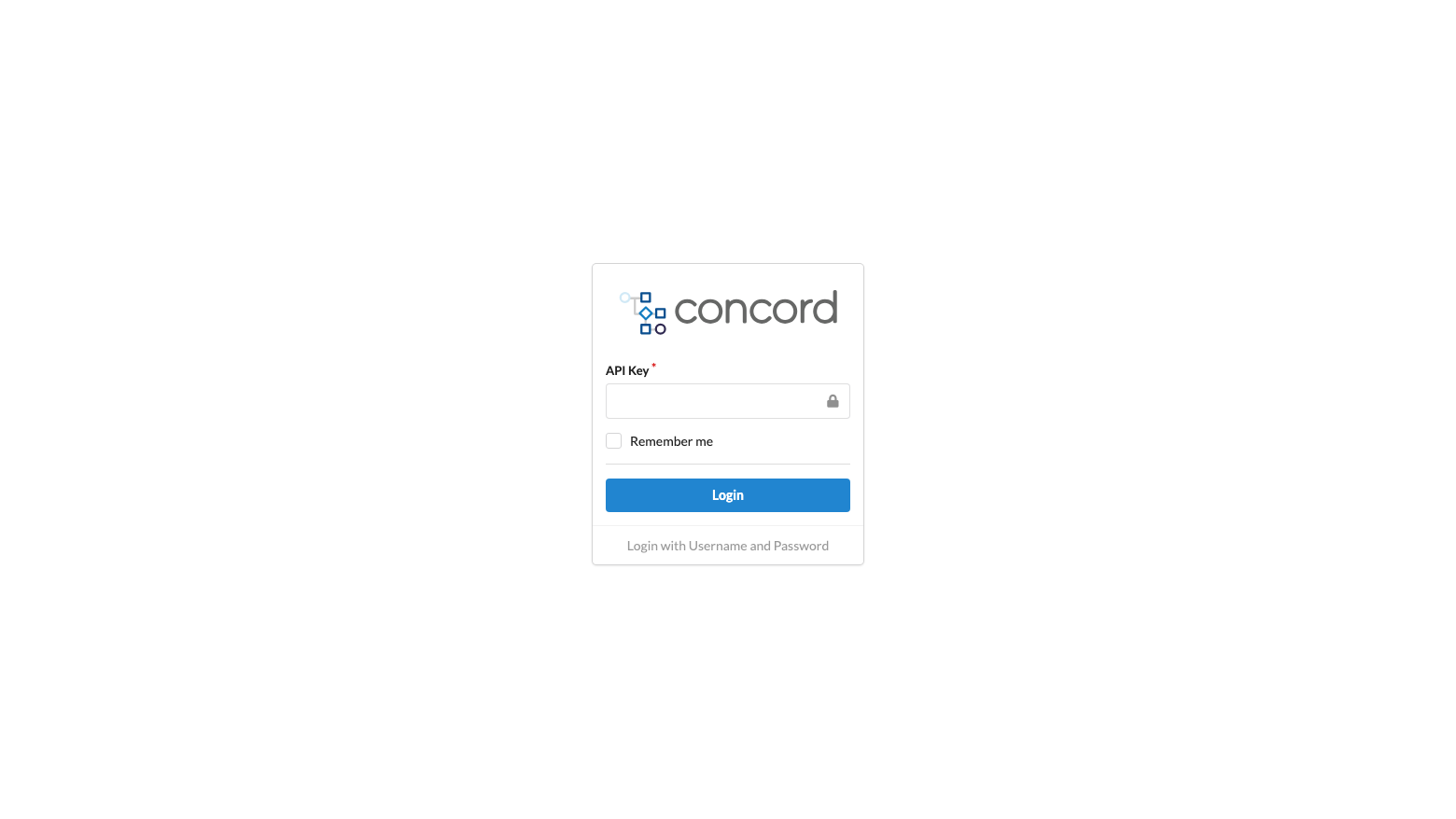 The Concord console sign-in page in API key mode, with the API Key field and the Login button