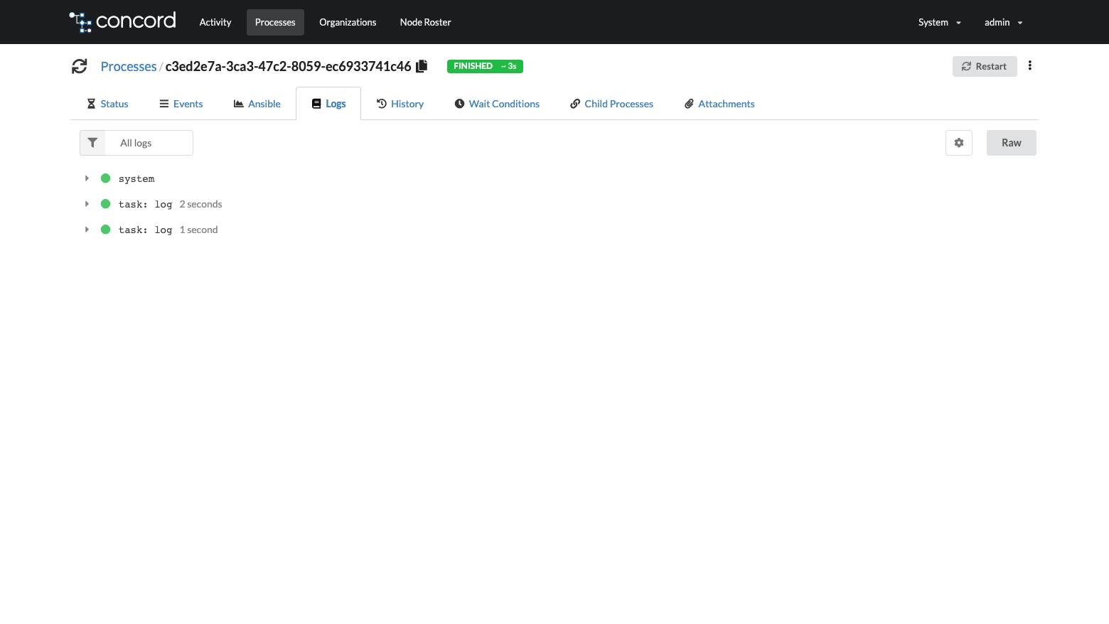 The Concord console page for a finished process, with the FINISHED badge and the Logs tab showing the system log and the two log task entries