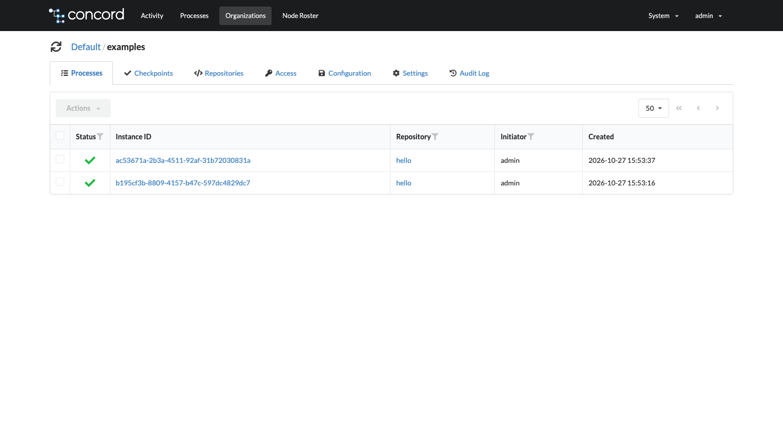 The Concord console page for the examples project in the Default organisation, listing two finished processes started from the hello repository