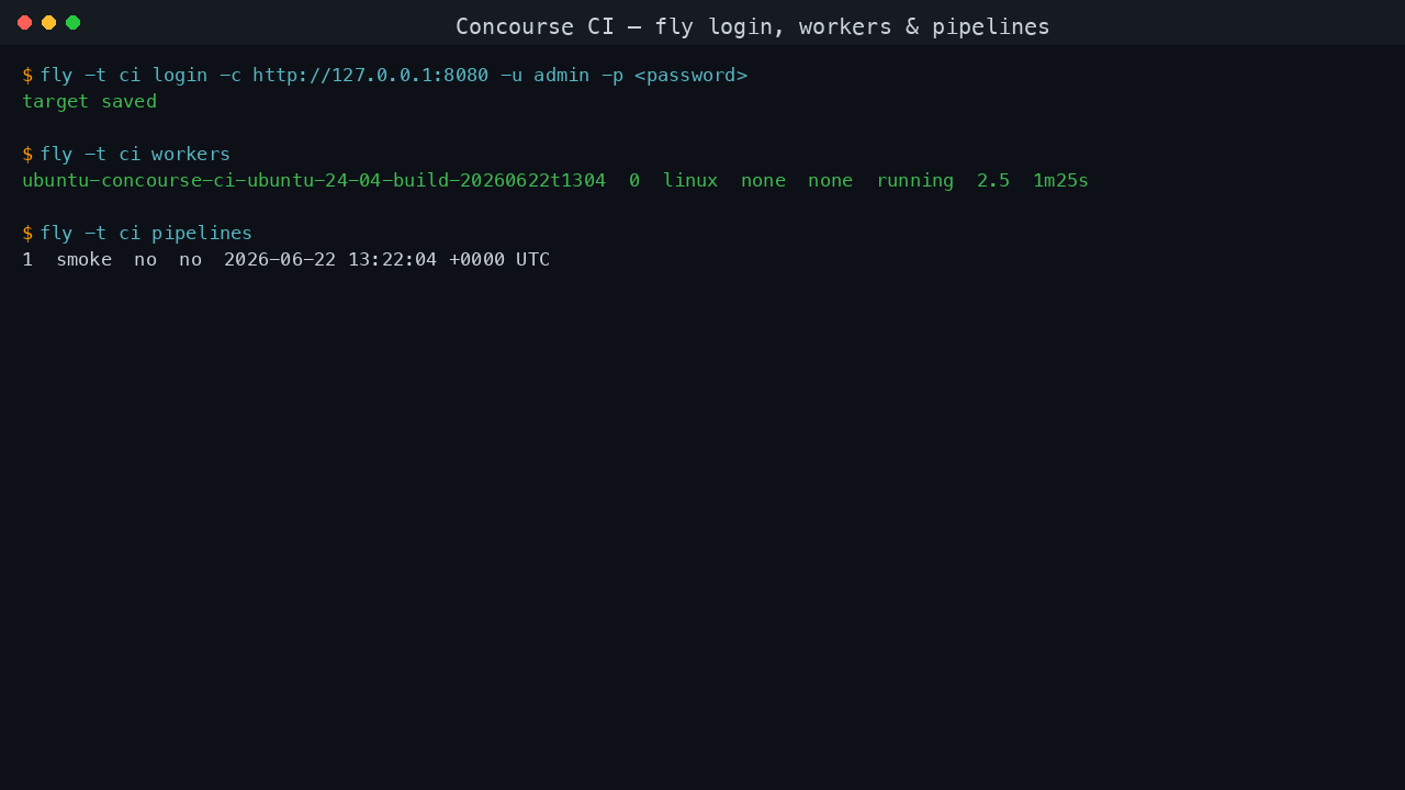 Setting a Concourse CI pipeline and listing workers with fly