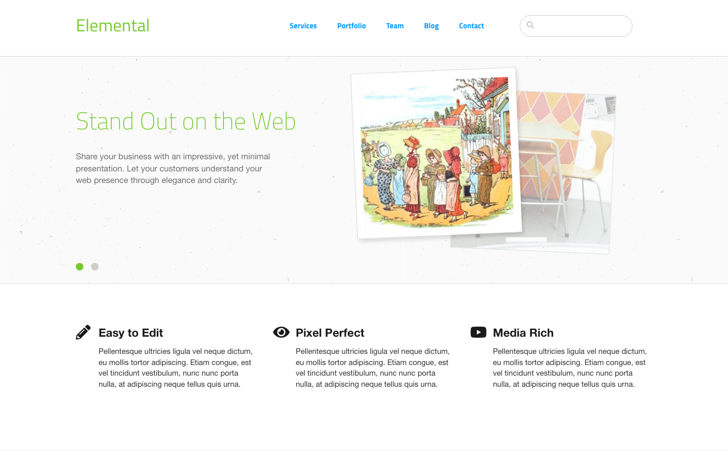 The Elemental sample site home page with its image slider and three feature columns