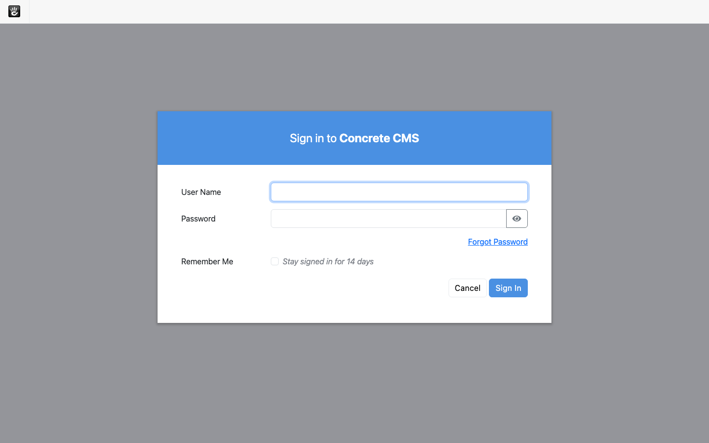 The Concrete CMS sign in page with the User Name and Password fields