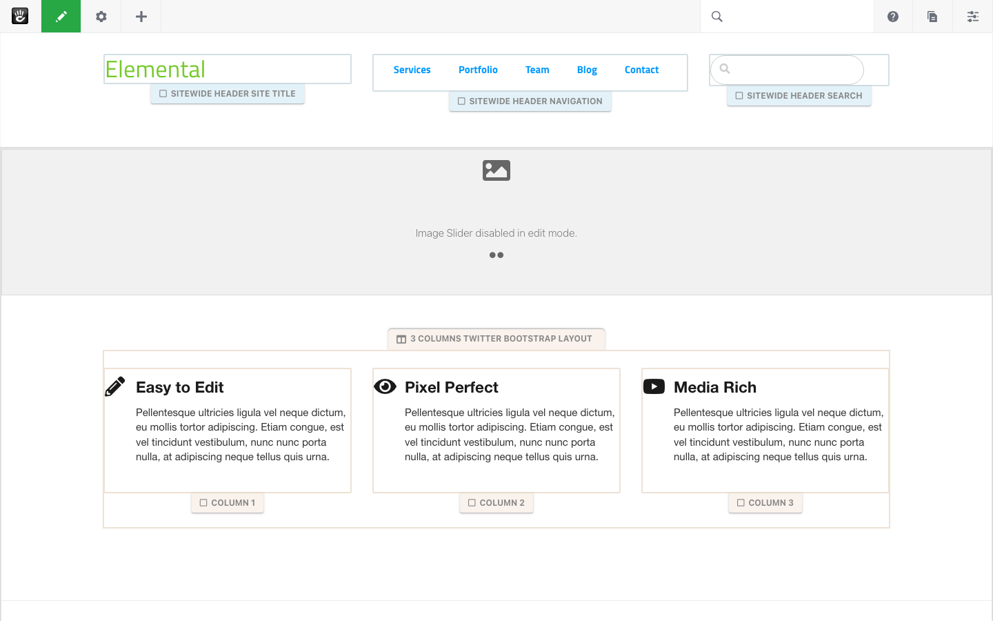 A page in edit mode with the sitewide header, the image slider and the three columns outlined as editable blocks
