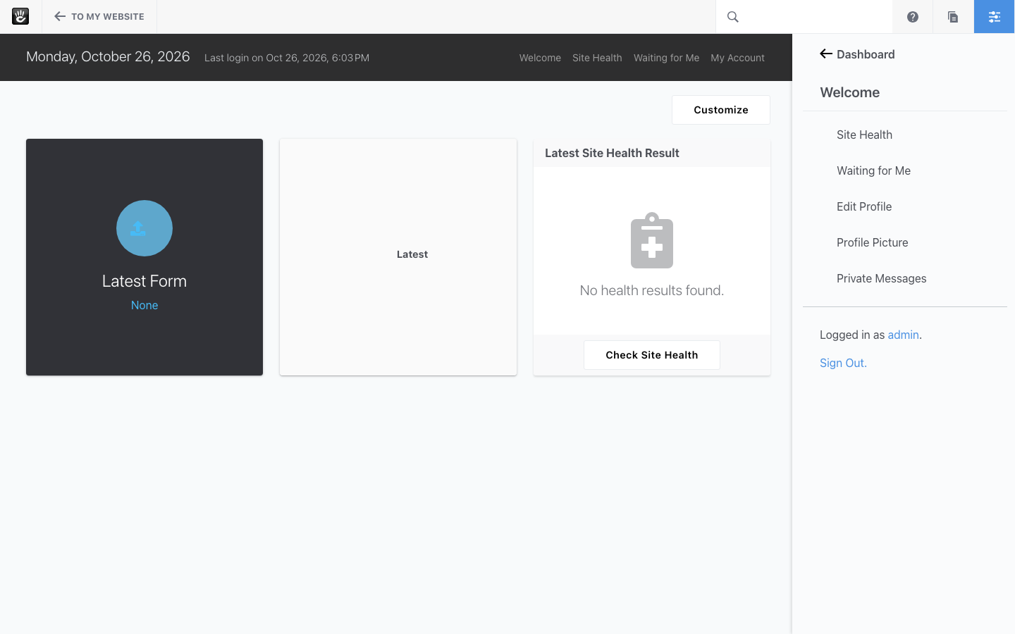The Concrete Dashboard Welcome page with the latest form and site health tiles