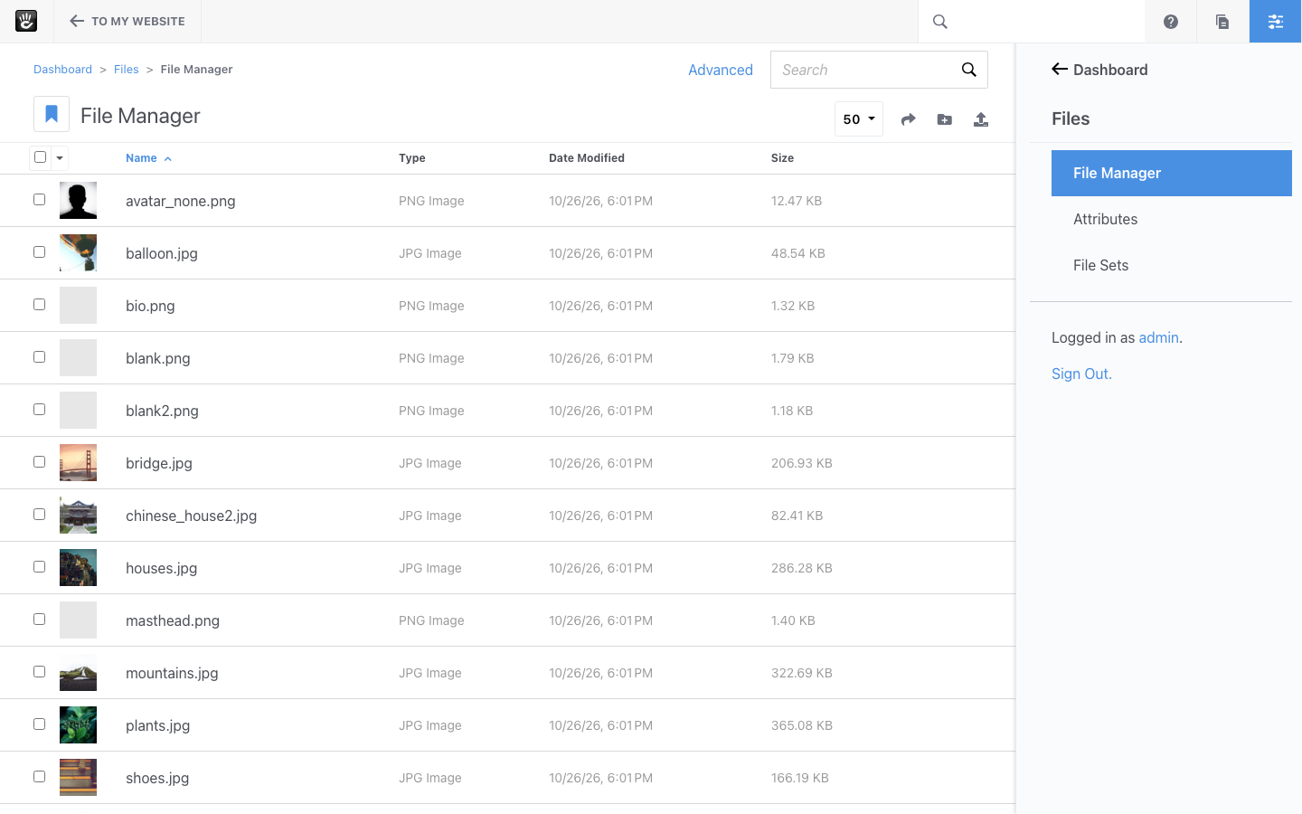 The File Manager listing the sample site's images