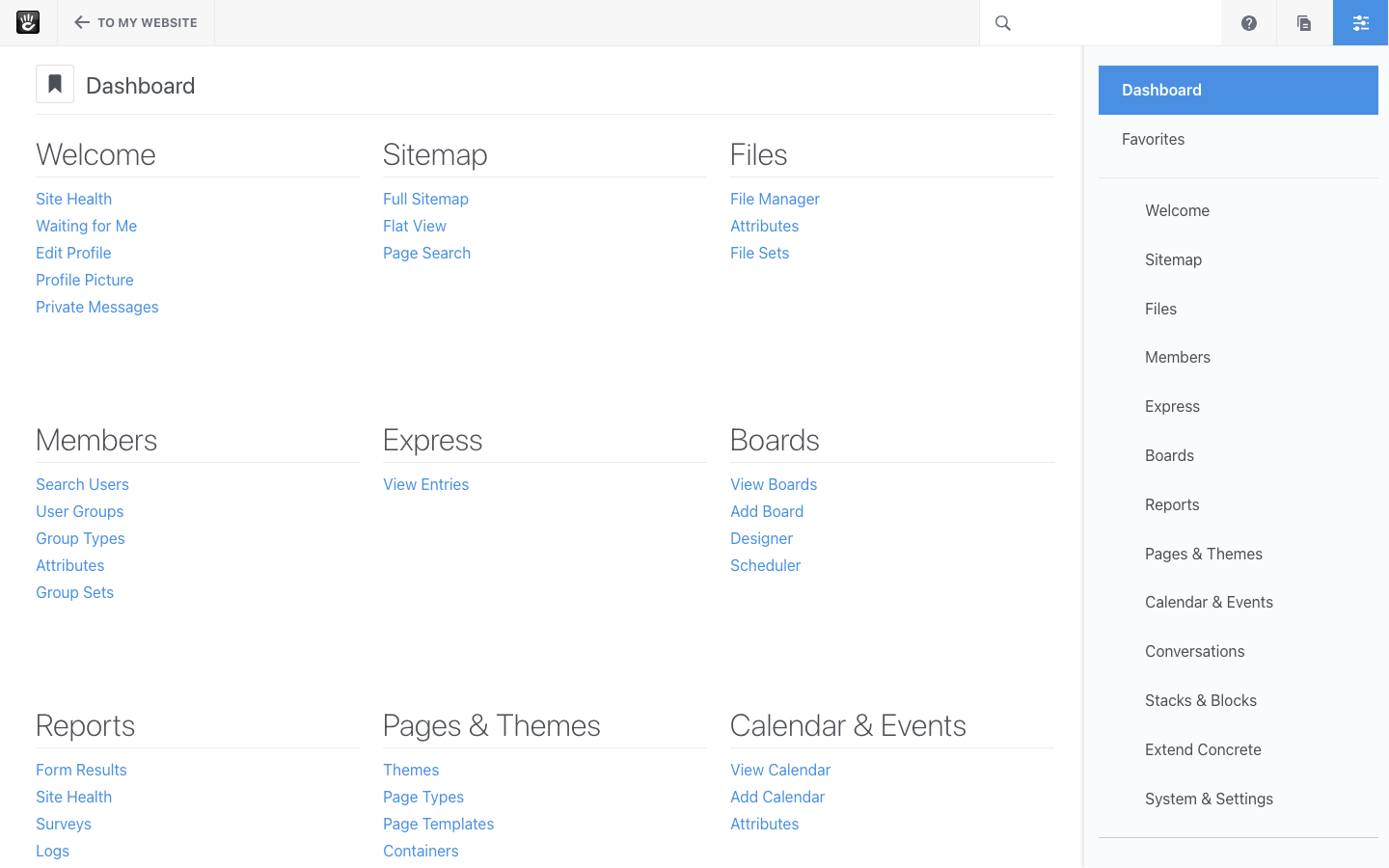 The Concrete CMS dashboard after signing in