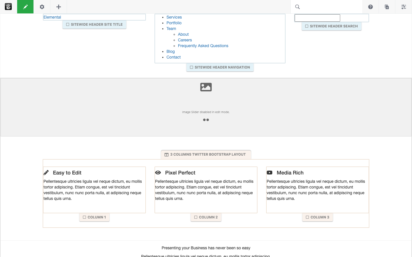 Editing the home page in context with the block grid visible