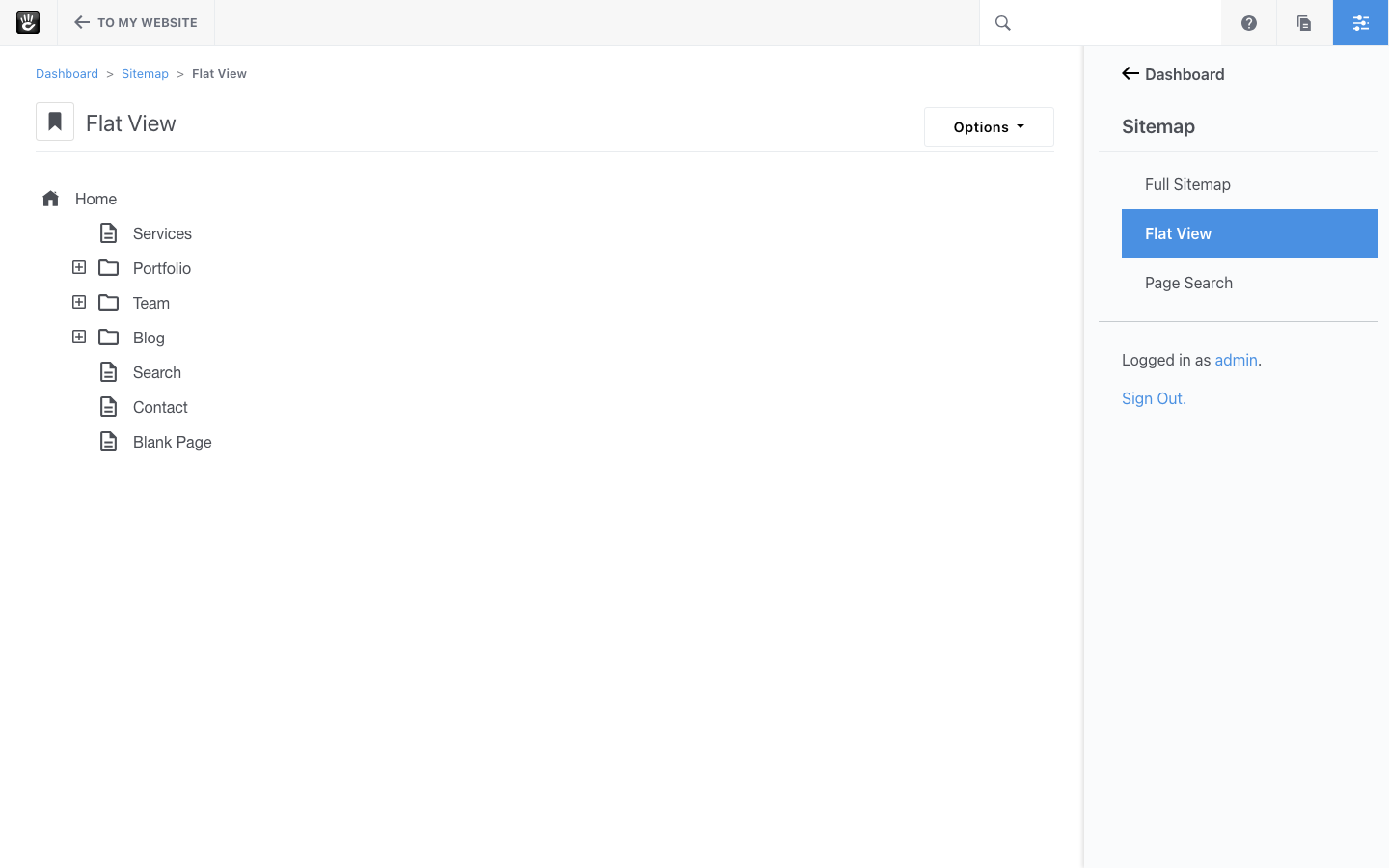 The Concrete CMS sitemap showing the seeded page tree