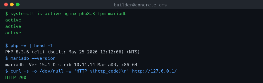 LAMP stack status for Concrete CMS on Ubuntu 24.04