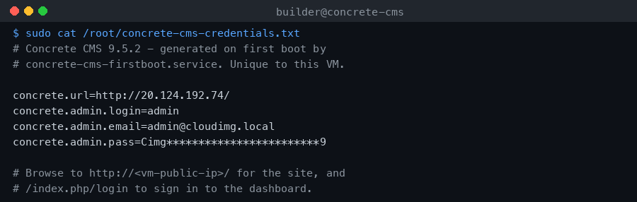 Per-VM Concrete CMS credentials file
