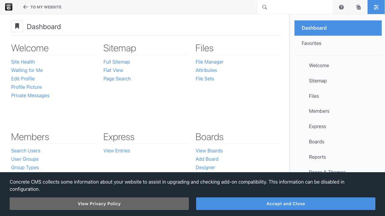 Concrete CMS dashboard