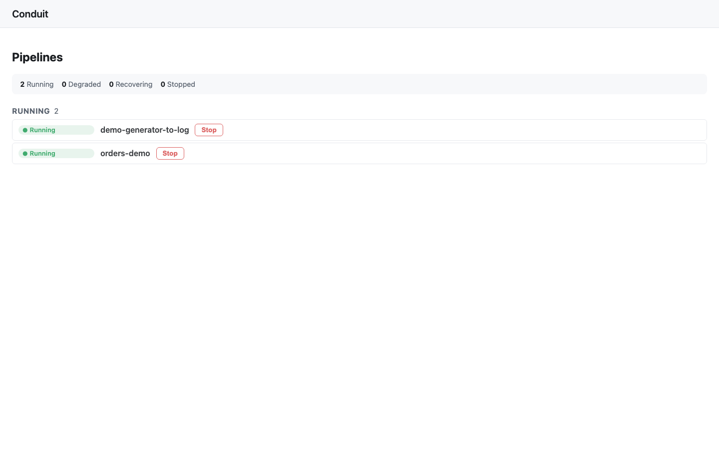 The Conduit UI over HTTPS: the pipelines list with the demo pipeline and an orders pipeline, both running