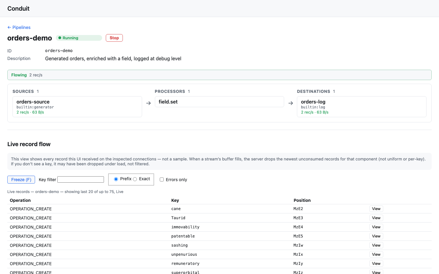 A pipeline's page: the generator source, the field.set processor and the log destination at 2 records per second, with the live record flow below