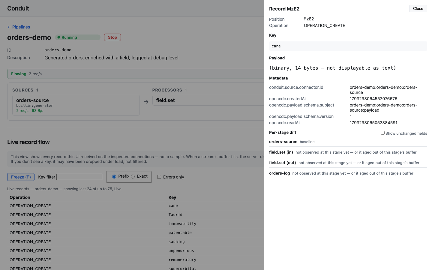 A record opened from the live record flow: position, operation, key, metadata and the per-stage diff