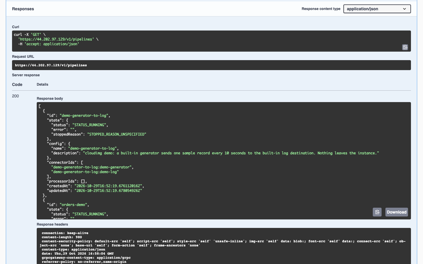 The Swagger UI over HTTPS: GET /v1/pipelines executed with Try it out, answering 200 with the pipeline list