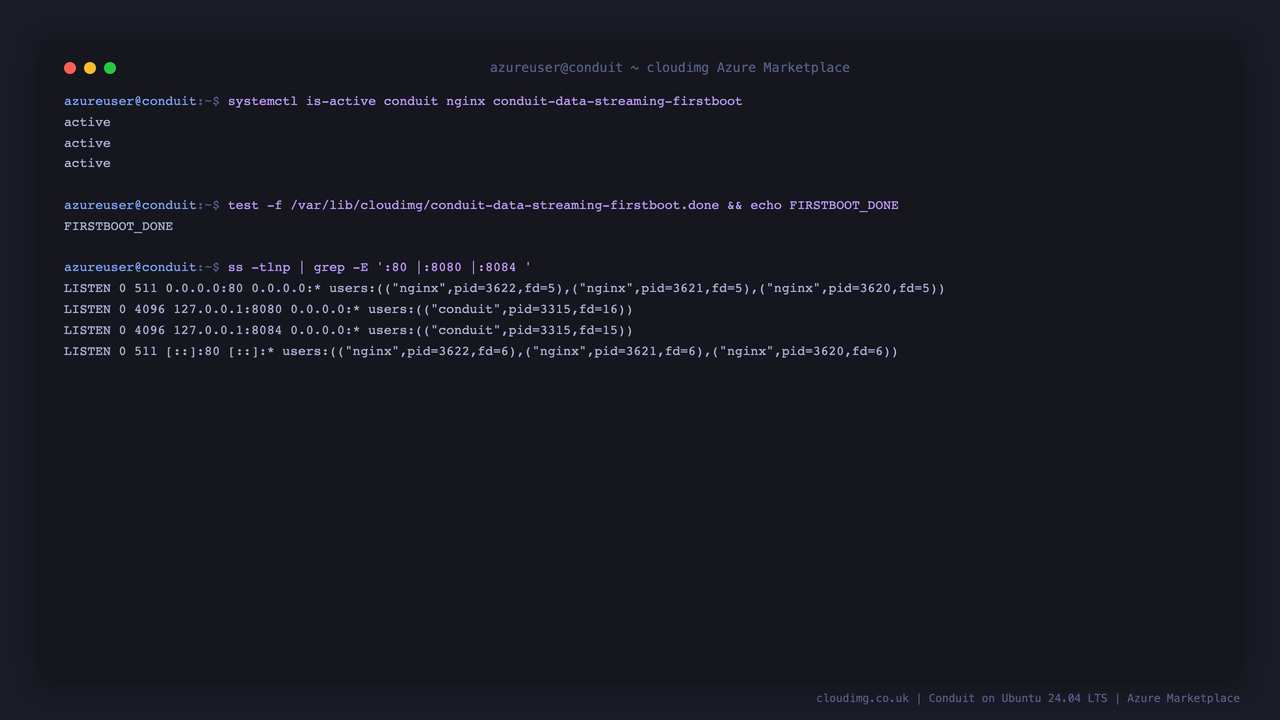 Conduit, nginx and the firstboot service all active, with nginx bound to public port 80 and the Conduit HTTP and gRPC APIs bound to loopback 127.0.0.1:8080 and 127.0.0.1:8084 only