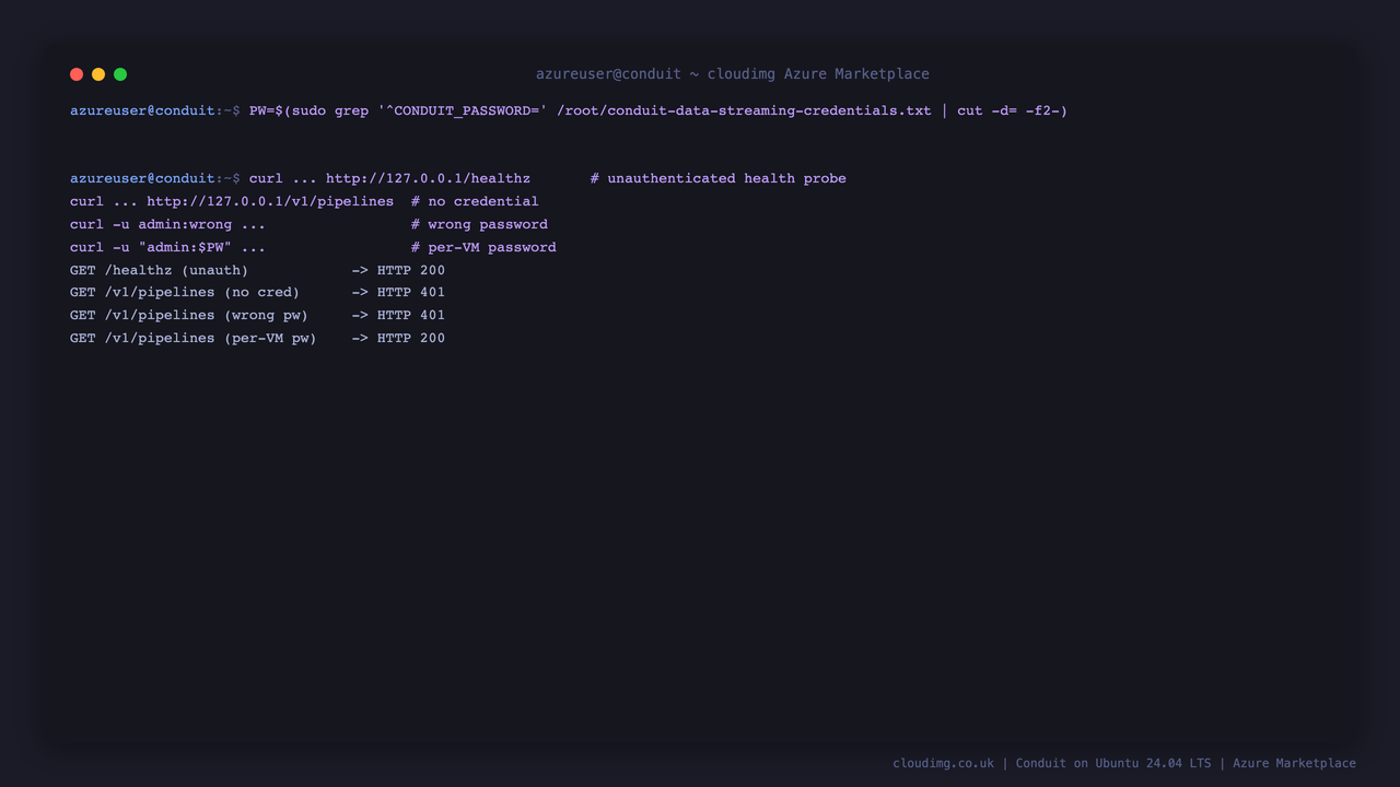 The nginx Basic Auth gate returning 200 for the open health probe and for the per VM password, but 401 for no credential and for a wrong password, with the per VM password masked