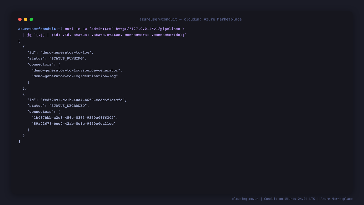 The Conduit HTTP API returning the demo pipeline as STATUS_RUNNING with its generator source and log destination connectors