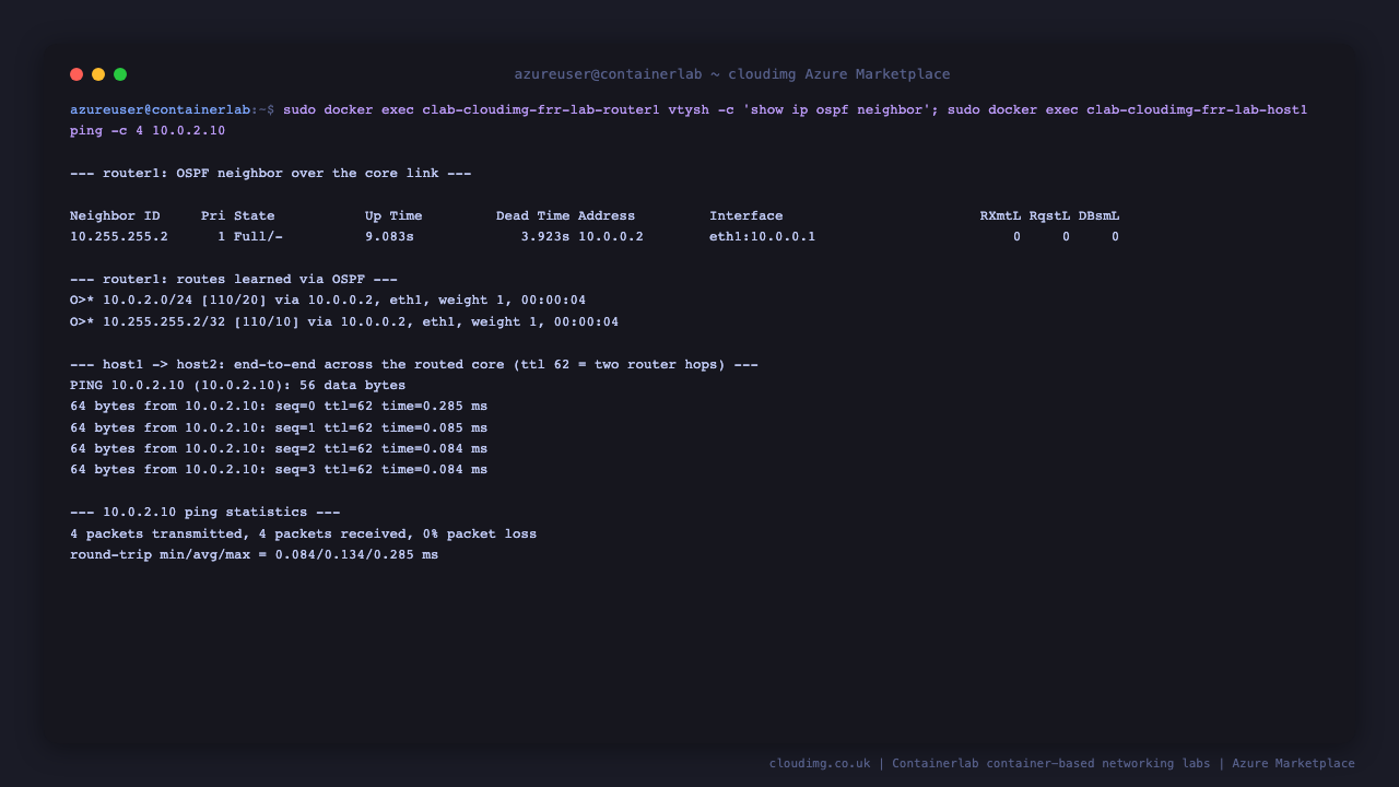 OSPF adjacency and end-to-end ping across the routed core