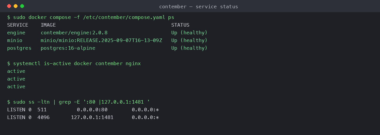 The three Contember containers healthy, the docker, contember and nginx units active, and the engine published to loopback with nginx on port 80