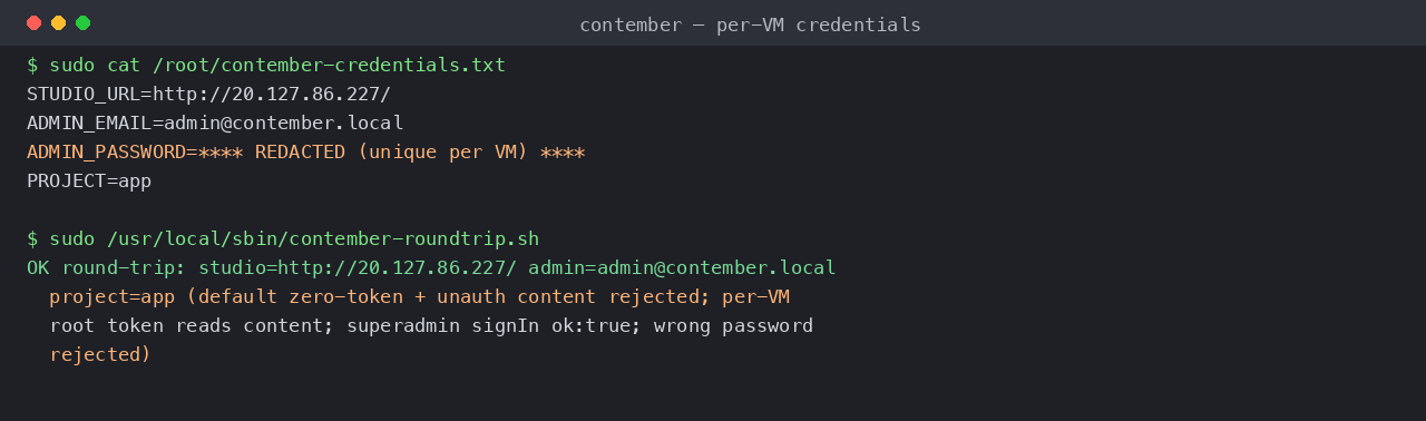 The per-VM credentials file (password redacted) and the credential round-trip prover reporting OK
