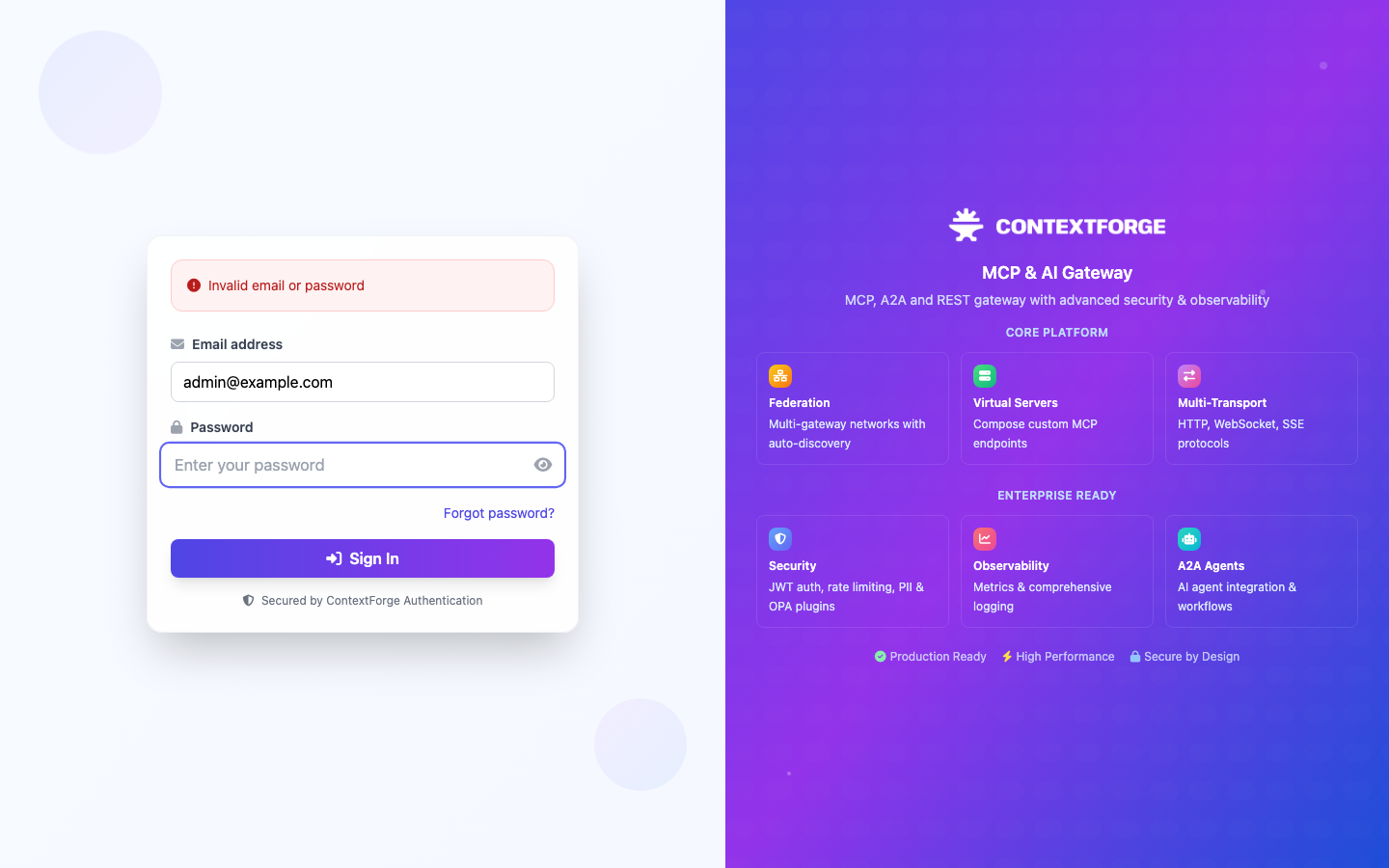 The ContextForge sign-in page showing Invalid email or password after a wrong password was entered for admin@example.com